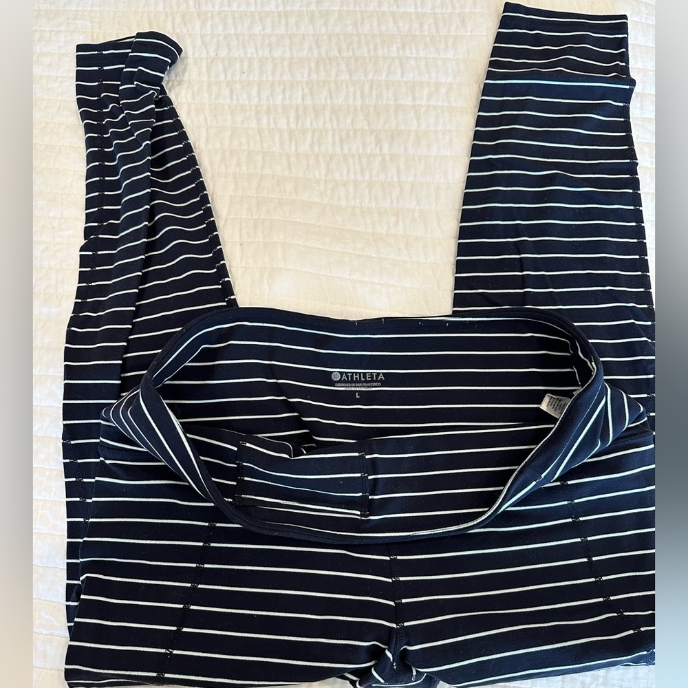 ATHLETA navy and white striped leggings